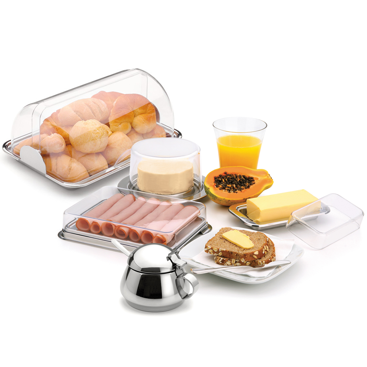 Kit Para Café em Aço Inox Queijeira Porta Pão Manteigueira Espátula Açucareiro Porta Frios