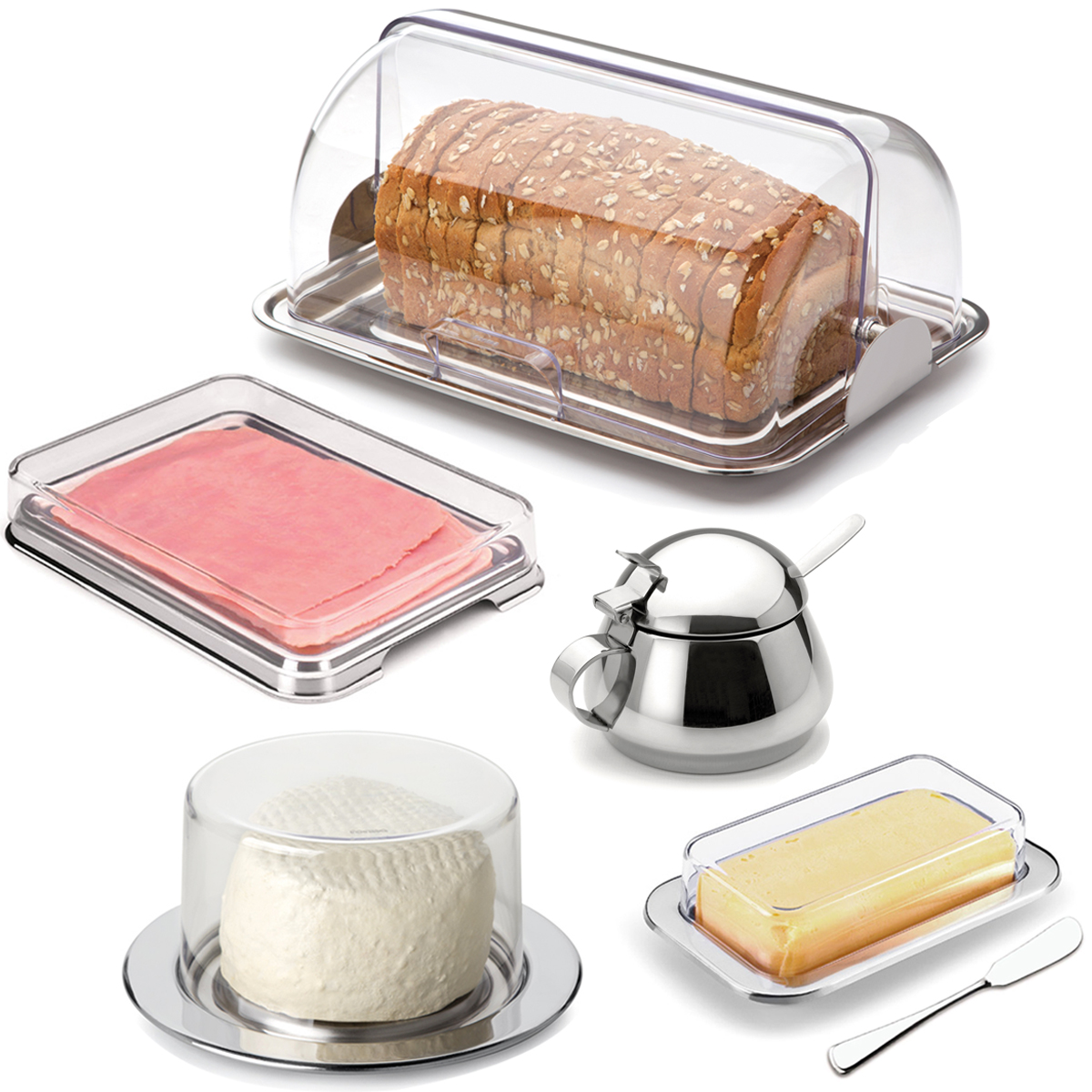 Kit Para Café em Aço Inox Queijeira Porta Pão Manteigueira Espátula Açucareiro Porta Frios