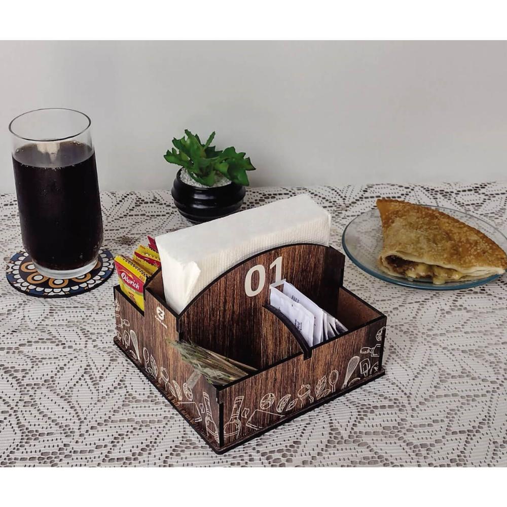 Kit Porta Guardanapos Sachê de Mesa MDF Padaria 1 ao 25 Zanline Marrom