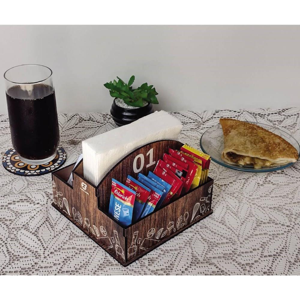 Kit Porta Guardanapos Sachê de Mesa MDF Padaria 1 ao 25 Zanline Marrom