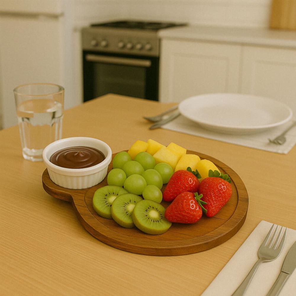 Petisqueira Tábua Teca 23cm Servir com Cabo e Ramekin 30ml Redonda Aperitivos Queijos