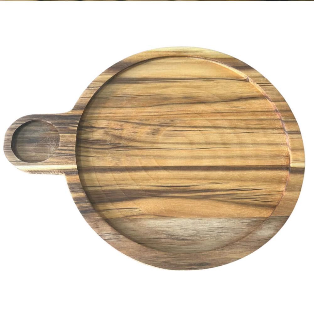 Petisqueira Tábua Teca 23cm Servir com Cabo e Ramekin 30ml Redonda Aperitivos Queijos