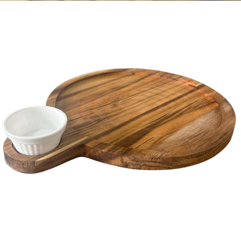 Petisqueira Tábua Teca 23cm Servir com Cabo e Ramekin 30ml Redonda Aperitivos Queijos