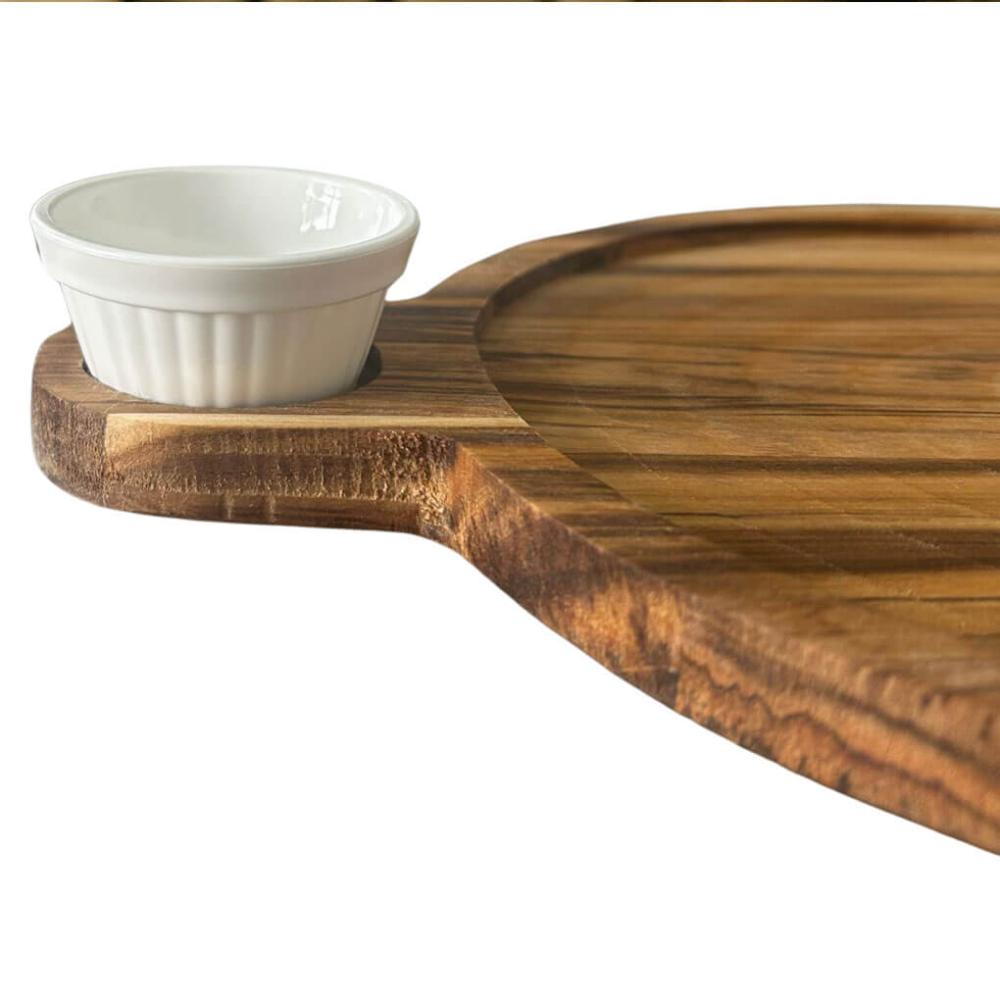Petisqueira Tábua Teca 23cm Servir com Cabo e Ramekin 30ml Redonda Aperitivos Queijos
