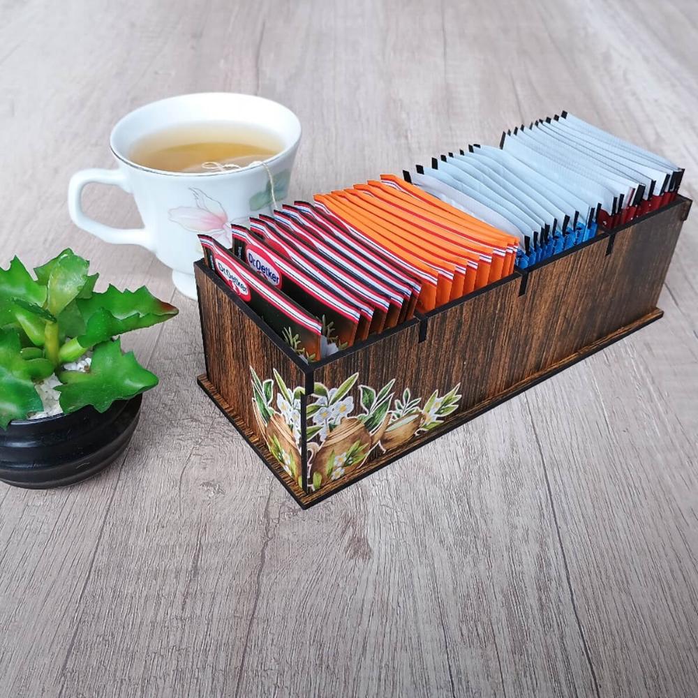 Porta Chás em MDF Decorado 4 Divisórias Teabags Caixa para Sachês Saquinhos de Chá Zanline