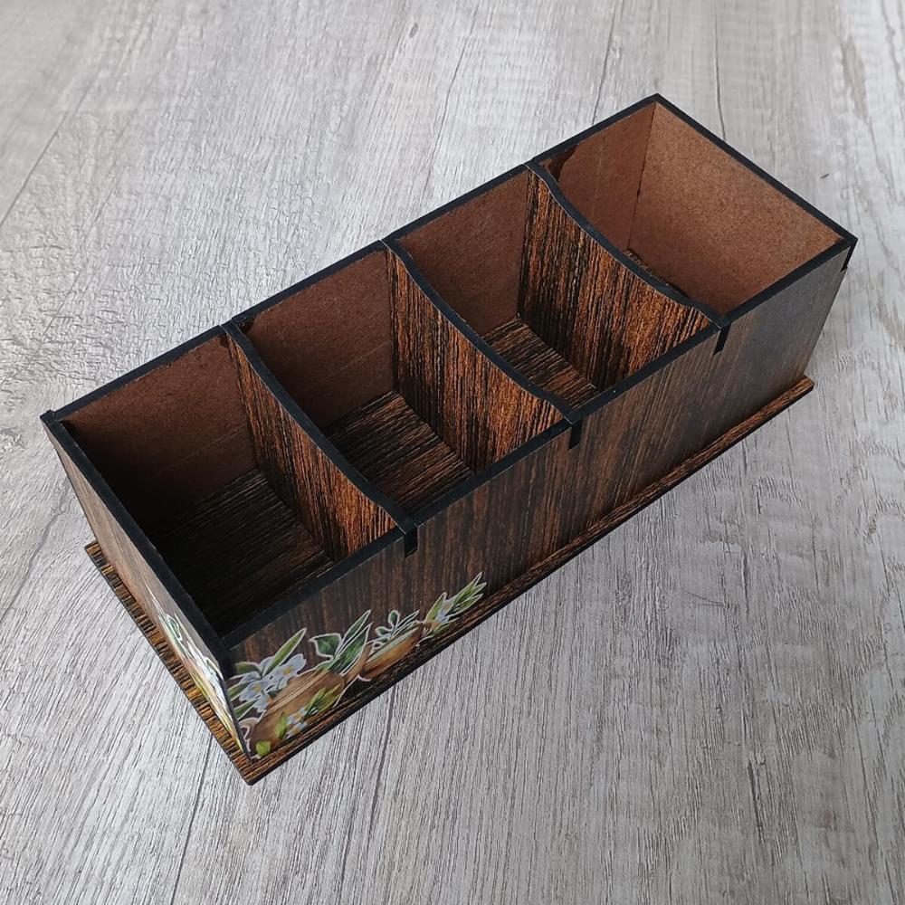 Porta Chás em MDF Decorado 4 Divisórias Teabags Caixa para Sachês Saquinhos de Chá Zanline