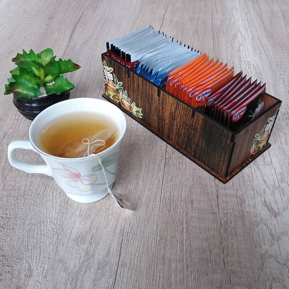 Porta Chás em MDF Decorado 4 Divisórias Teabags Caixa para Sachês Saquinhos de Chá Zanline