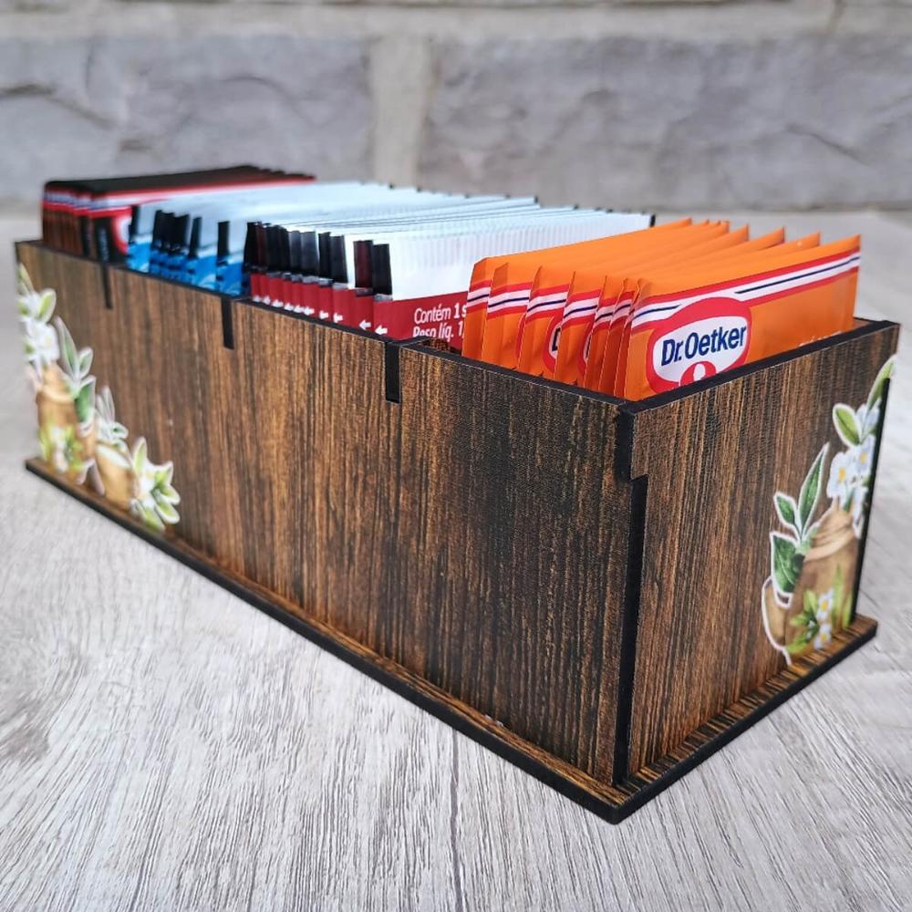 Porta Chás em MDF Decorado 4 Divisórias Teabags Caixa para Sachês Saquinhos de Chá Zanline