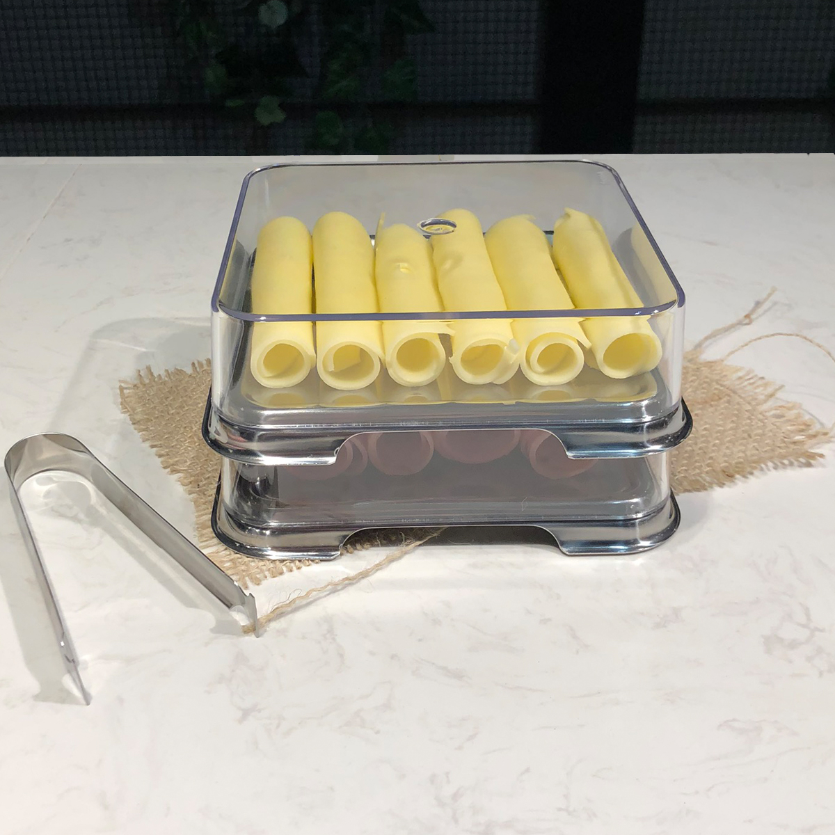 Porta Frios Inox Empilháveis Pegador de Fatiados Quadrado Pote Queijo e Presunto