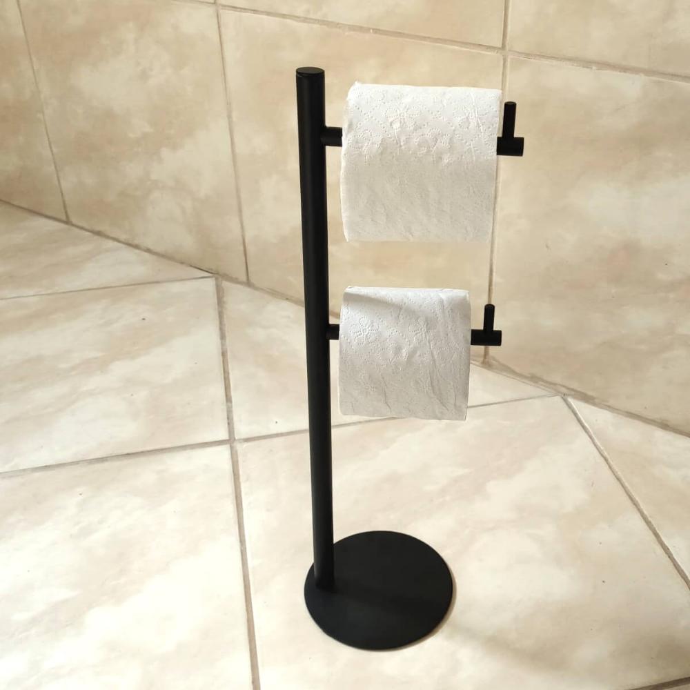 Porta Papel Higiênico Suporte Duplo de Chão Preto Fosco Pape