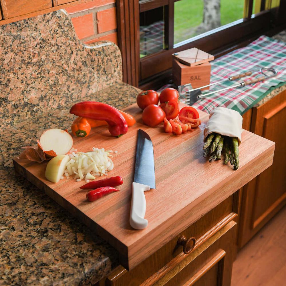 Tábua de Corte em Madeira Formato L 35x35cm Estação com Encaixe Prancha de Carne para Mesa Bancada Zanline