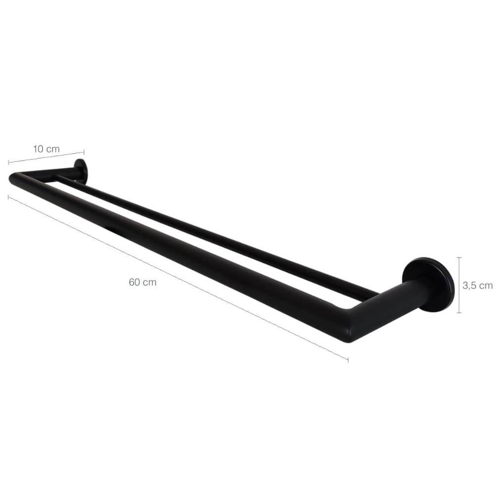 Toalheiro Duplo 60cm Suporte Porta Toalhas em Aço Inox Preto