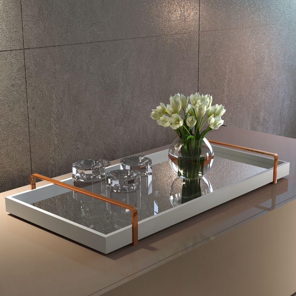 Bandeja Decorativa Espelhada Alça Cobre Larflex Off White