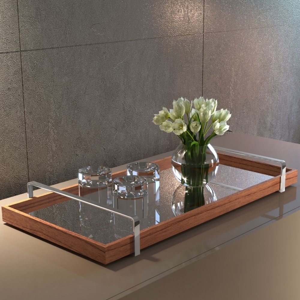 Bandeja Decorativa Espelhada Alça Cromada Larflex Madeira