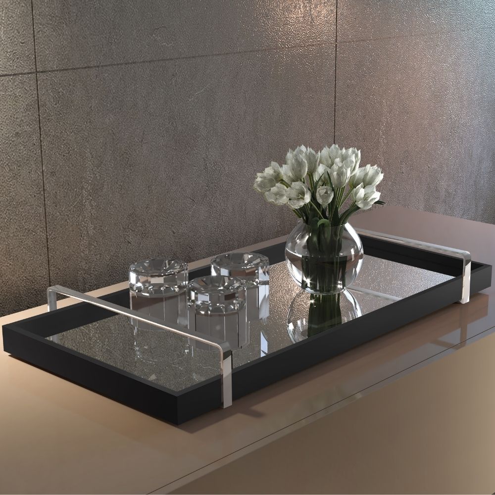 Bandeja Decorativa Espelhada Alça Cromada Larflex Preta