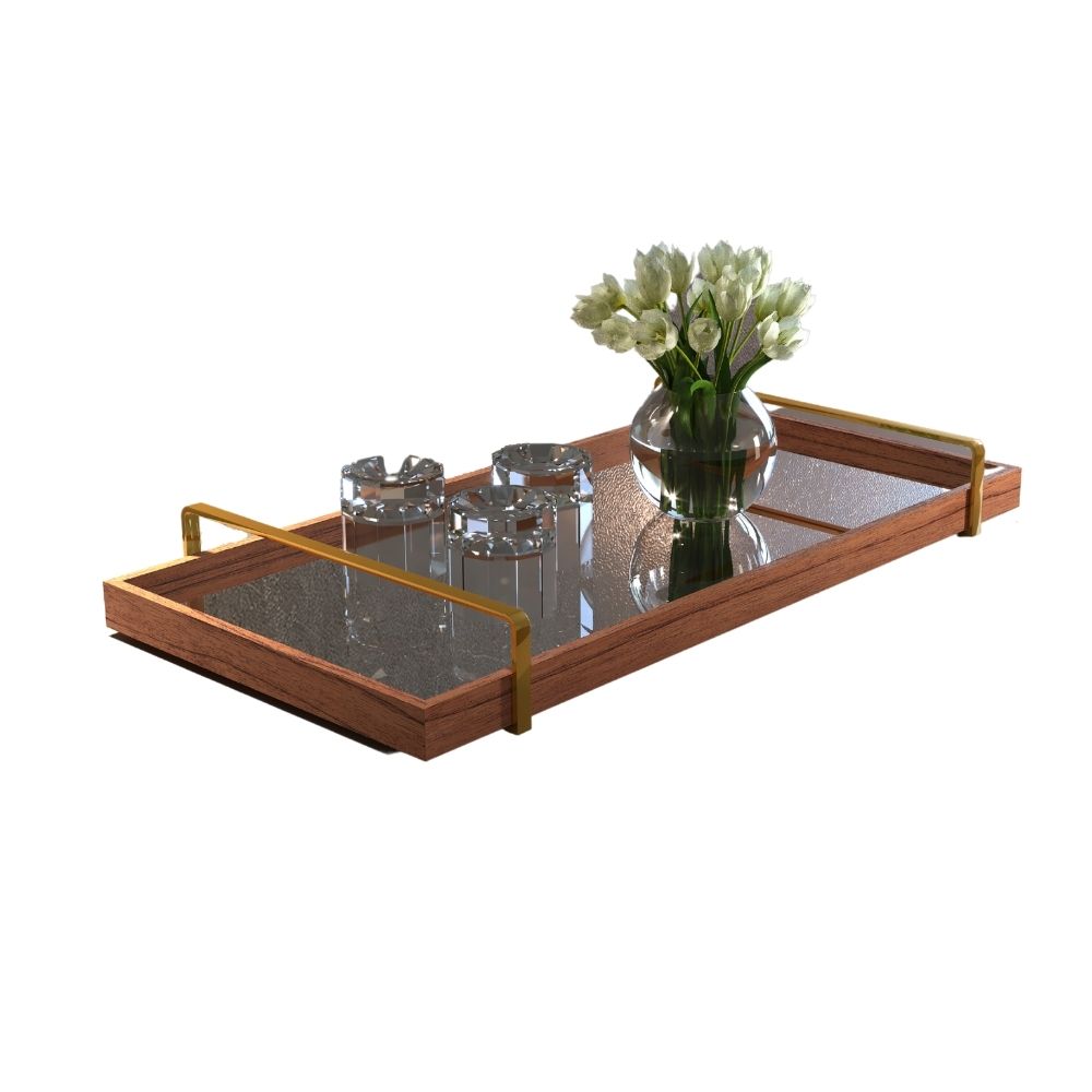 Bandeja Decorativa Espelhada Alça Dourada Larflex Madeira