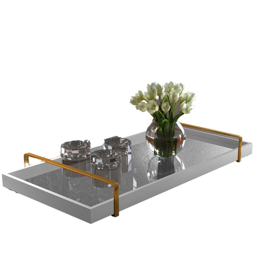 Bandeja Decorativa Espelhada Alça Dourada Larflex Off White