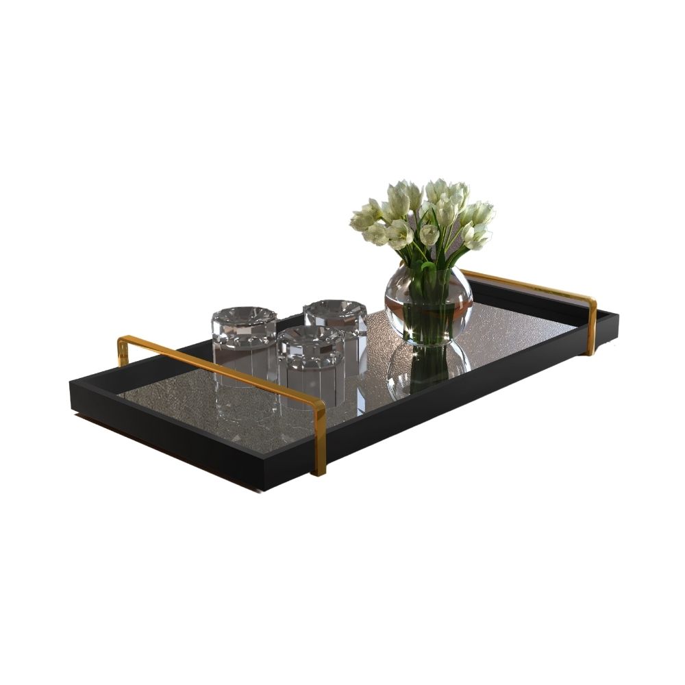 Bandeja Decorativa Espelhada Alça Dourada Larflex Preta