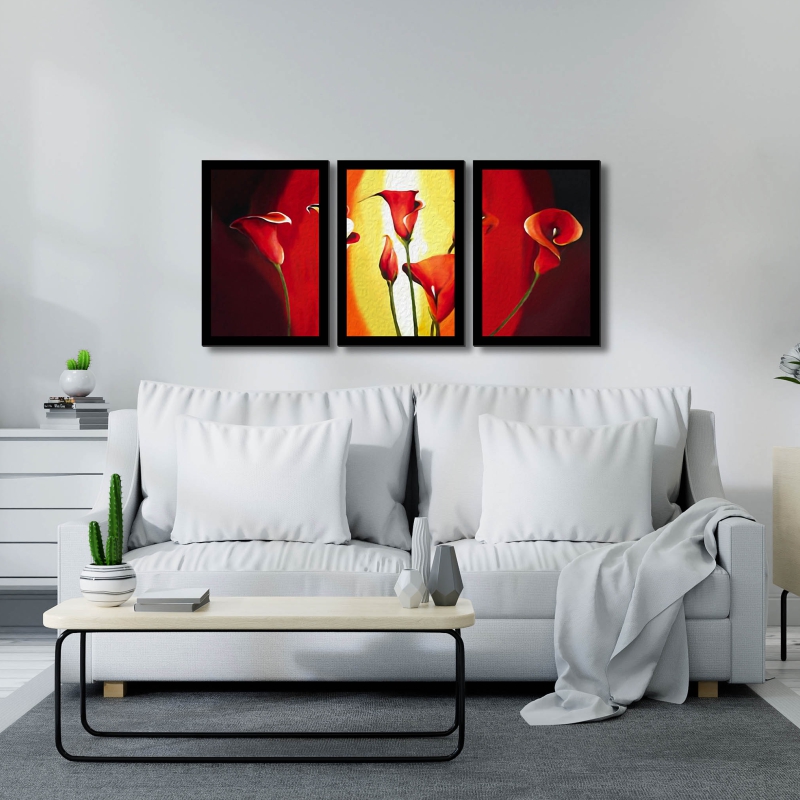 Quadro Copo de Leite Vermelho Moldura Preta 3 Peças