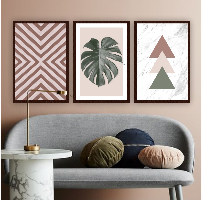Quadro Costela de Adão Triângulos M 3 Peças Moldura Tabaco