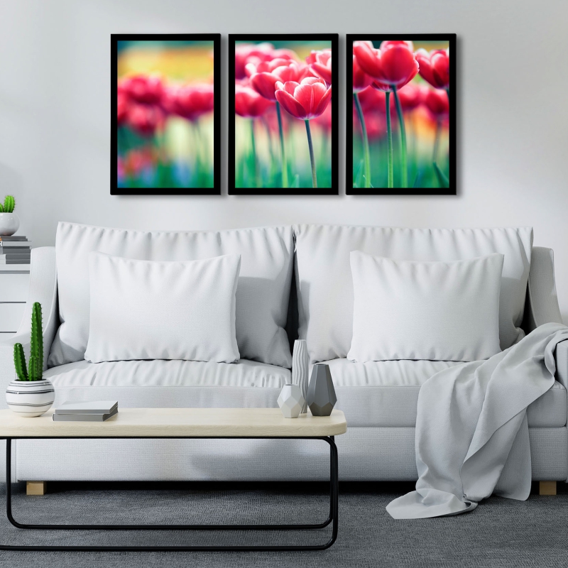 Quadro Novas Tulipas Moldura Preta 3 Peças