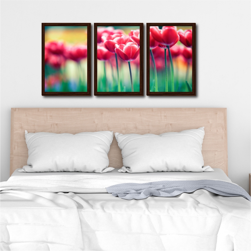 Quadro Novas Tulipas Moldura Tabaco 3 Peças
