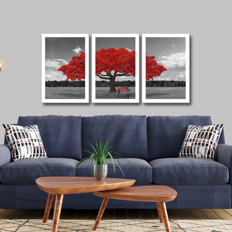 Quadro Outono Vermelho Moldura Branca 3 Peças