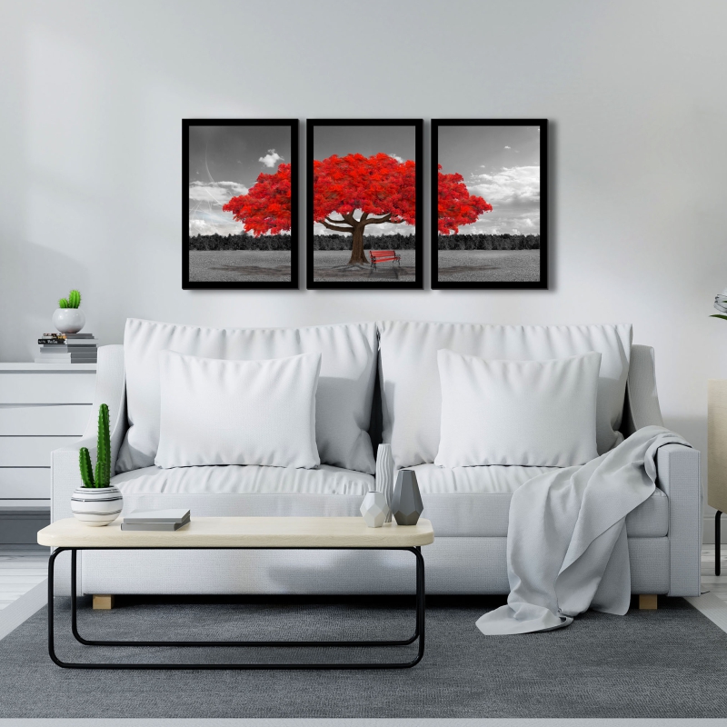 Quadro Outono Vermelho Moldura Preta 3 Peças