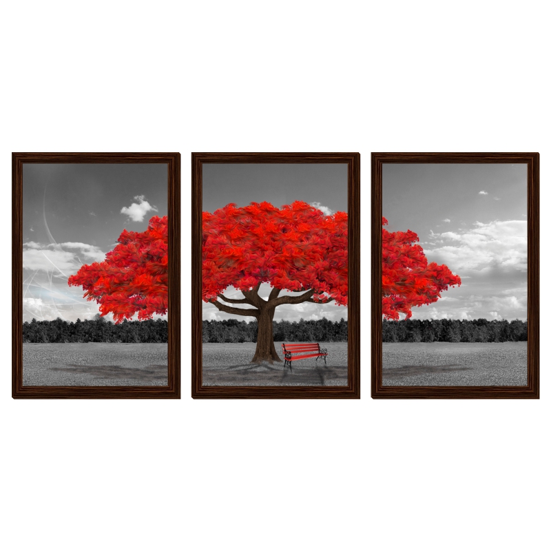Quadro Outono Vermelho Moldura Tabaco 3 Peças