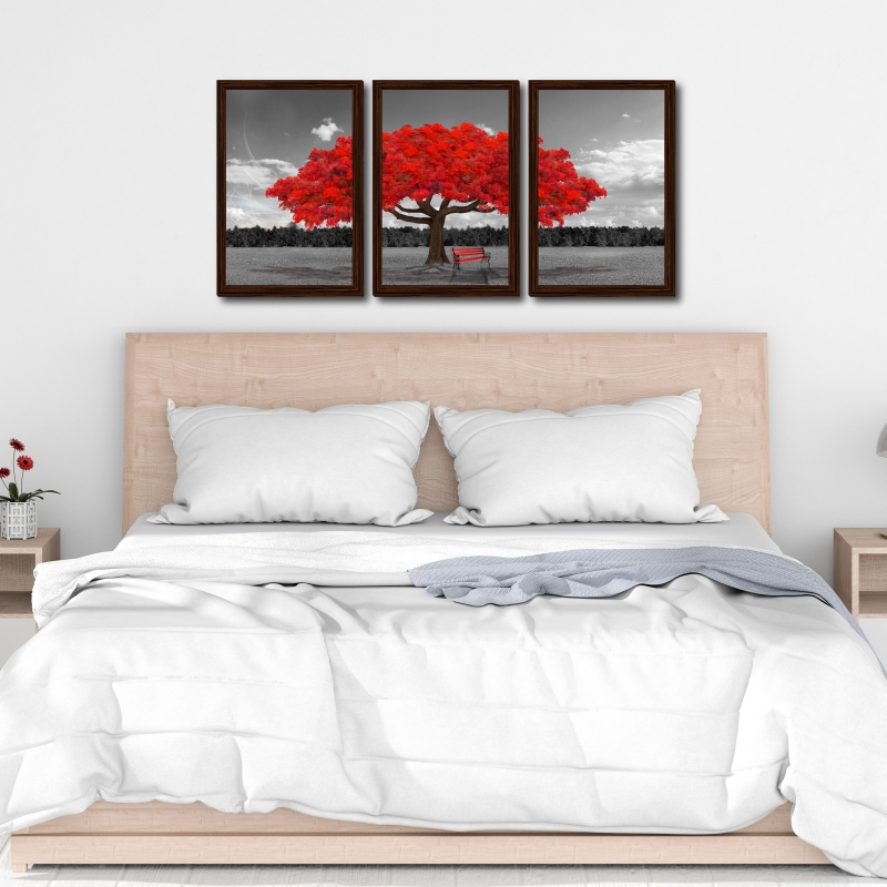 Quadro Outono Vermelho Moldura Tabaco 3 Peças