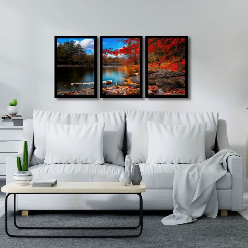 Quadro Paisagem 01 Moldura Preta 3 Peças
