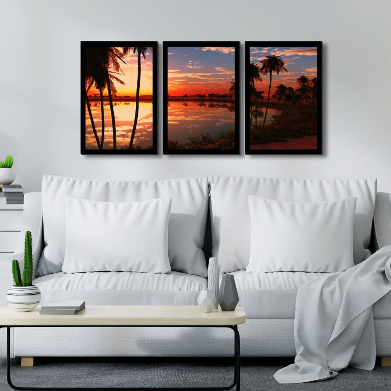 Quadro Por do Sol 01 Moldura Preta 3 Peças