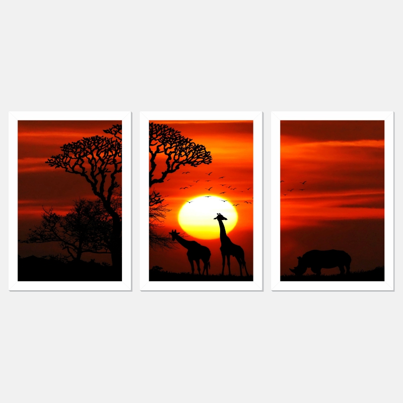 Quadro Por do Sol Africano Moldura Branca 3 Peças