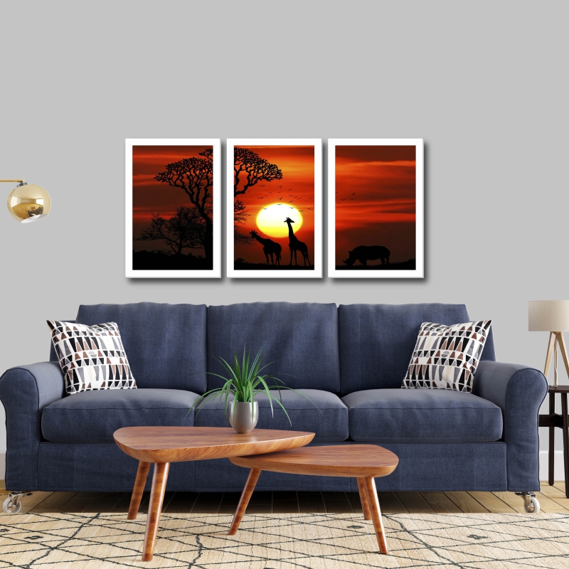 Quadro Por do Sol Africano Moldura Branca 3 Peças