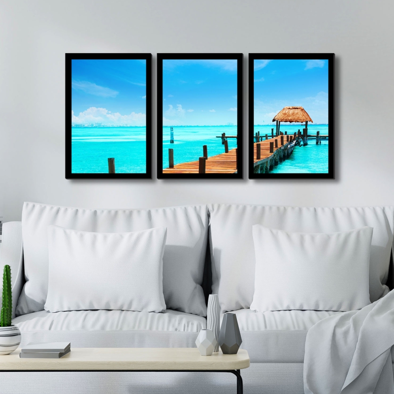 Quadro Praia 01 Moldura Preta 3 Peças