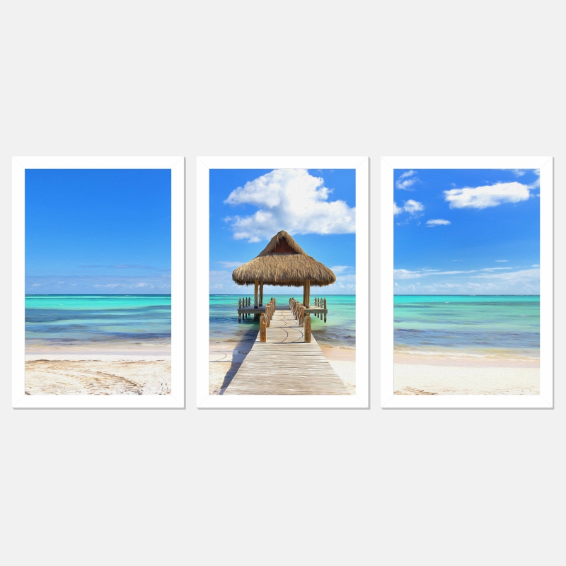Quadro Praia 02 Moldura Branca 3 Peças