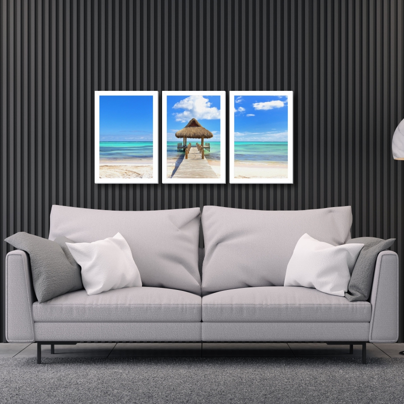 Quadro Praia 02 Moldura Branca 3 Peças