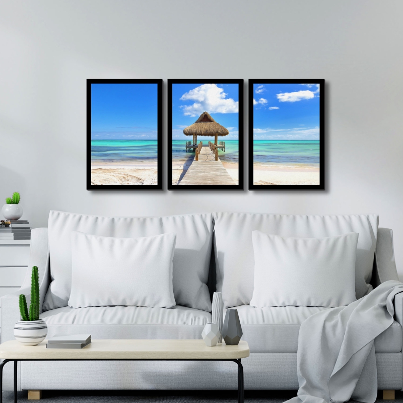 Quadro Praia 02 Moldura Preta 3 Peças