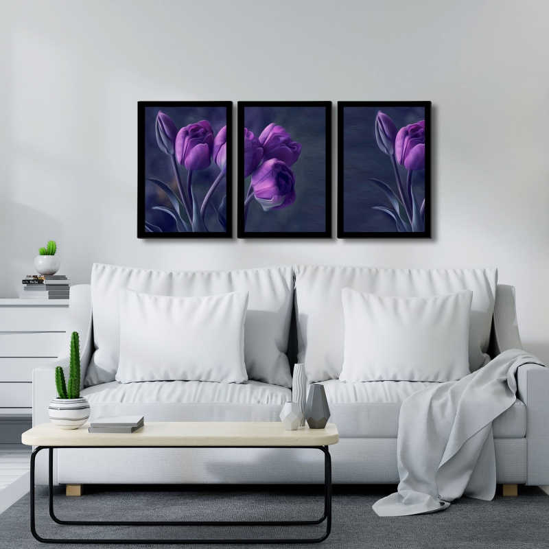 Quadro Tulipas Roxas Moldura Preta 3 Peças