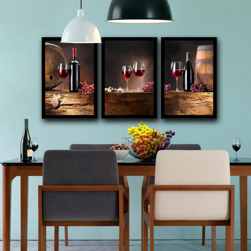 Quadro Vinhos 01 Moldura Preta 3 Peças