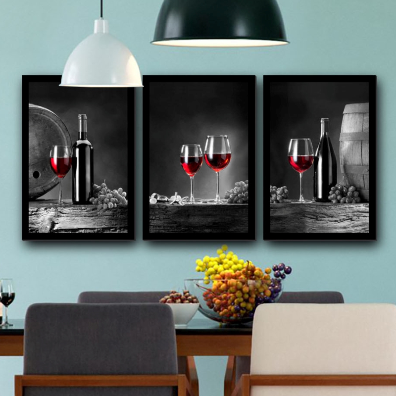 Quadro Vinhos 02 Moldura Preta 3 Peças
