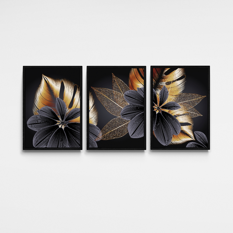 Quadros Flores 3D Preto e Dourado M 3 Moldura Preta