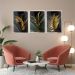 Quadros Folhagens Verde Preto Dourado M 3 Moldura Branca