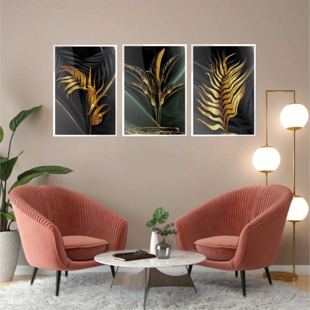 Quadros Folhagens Verde Preto Dourado M 3 Moldura Branca