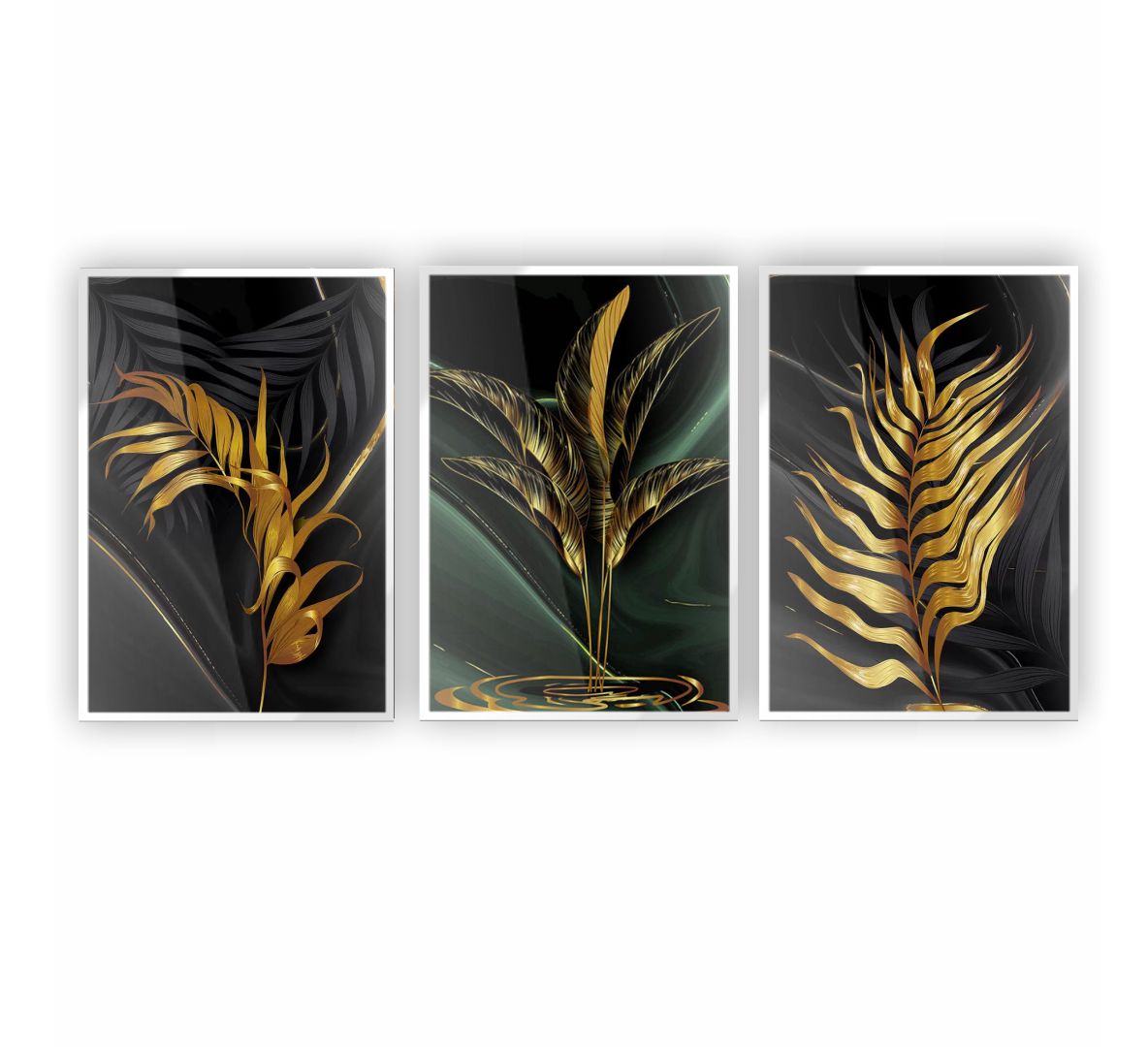 Quadros Folhagens Verde Preto Dourado M 3 Moldura Branca