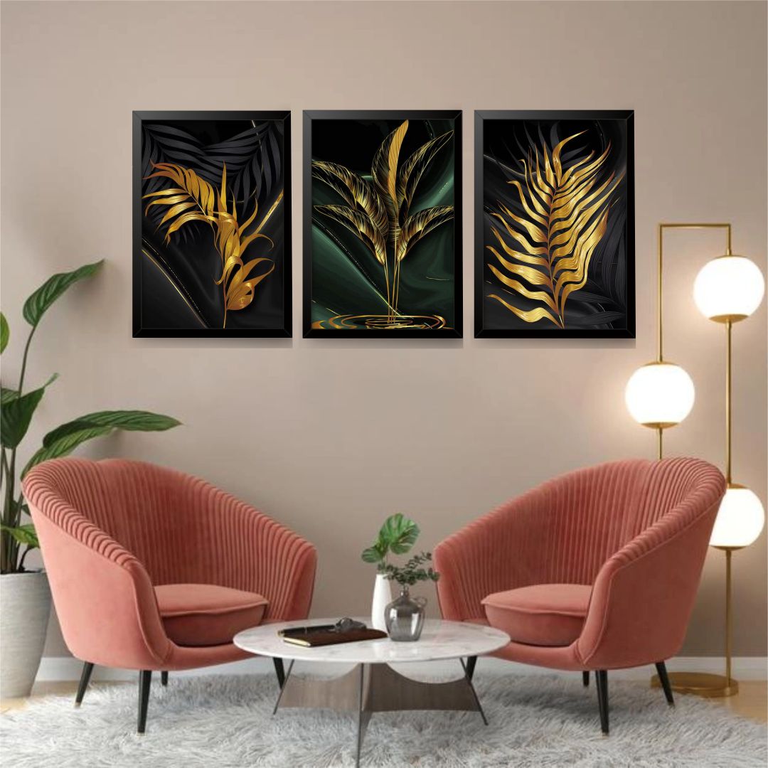 Quadros Folhagens Verde Preto Dourado M 3 Moldura Preta