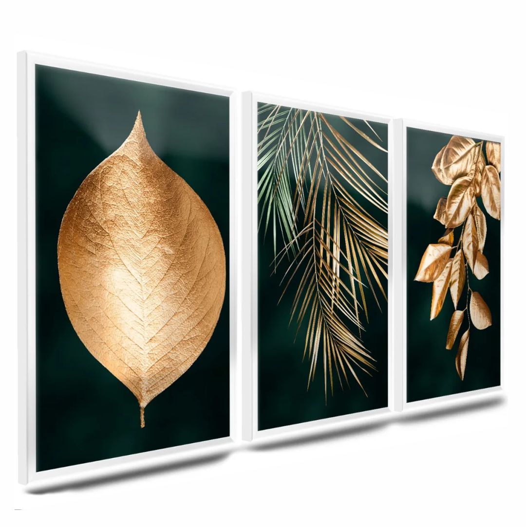Quadros Folhas Folhagens Verde e Dourado M 3 Moldura Branca