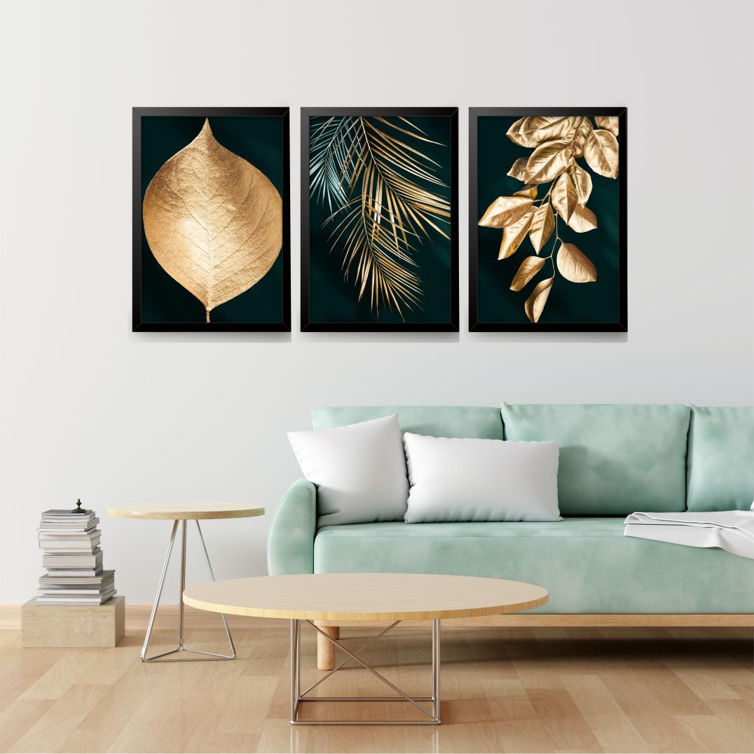 Quadros Folhas e Folhagens Verde e Dourado M 3 Moldura Preta
