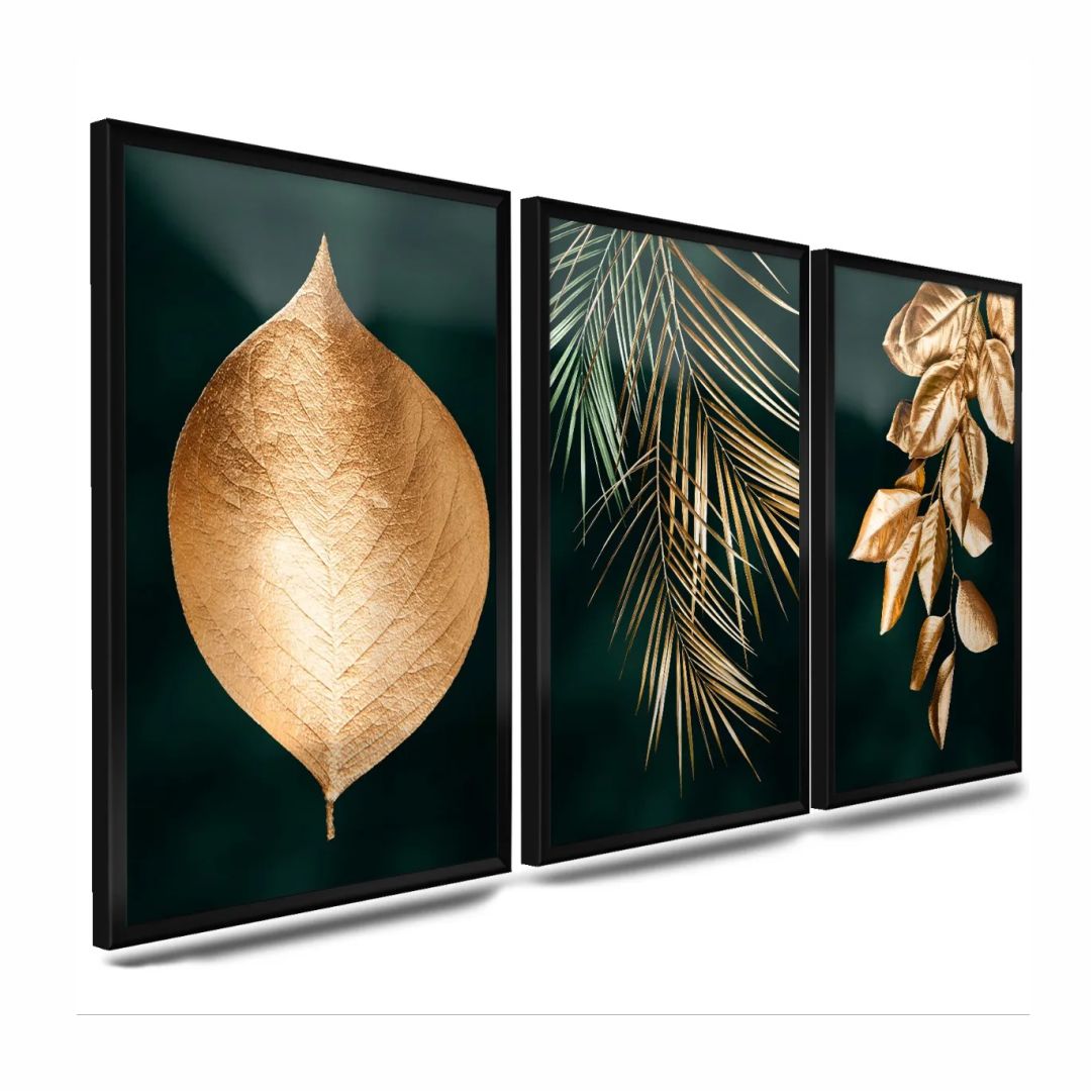 Quadros Folhas e Folhagens Verde e Dourado M 3 Moldura Preta