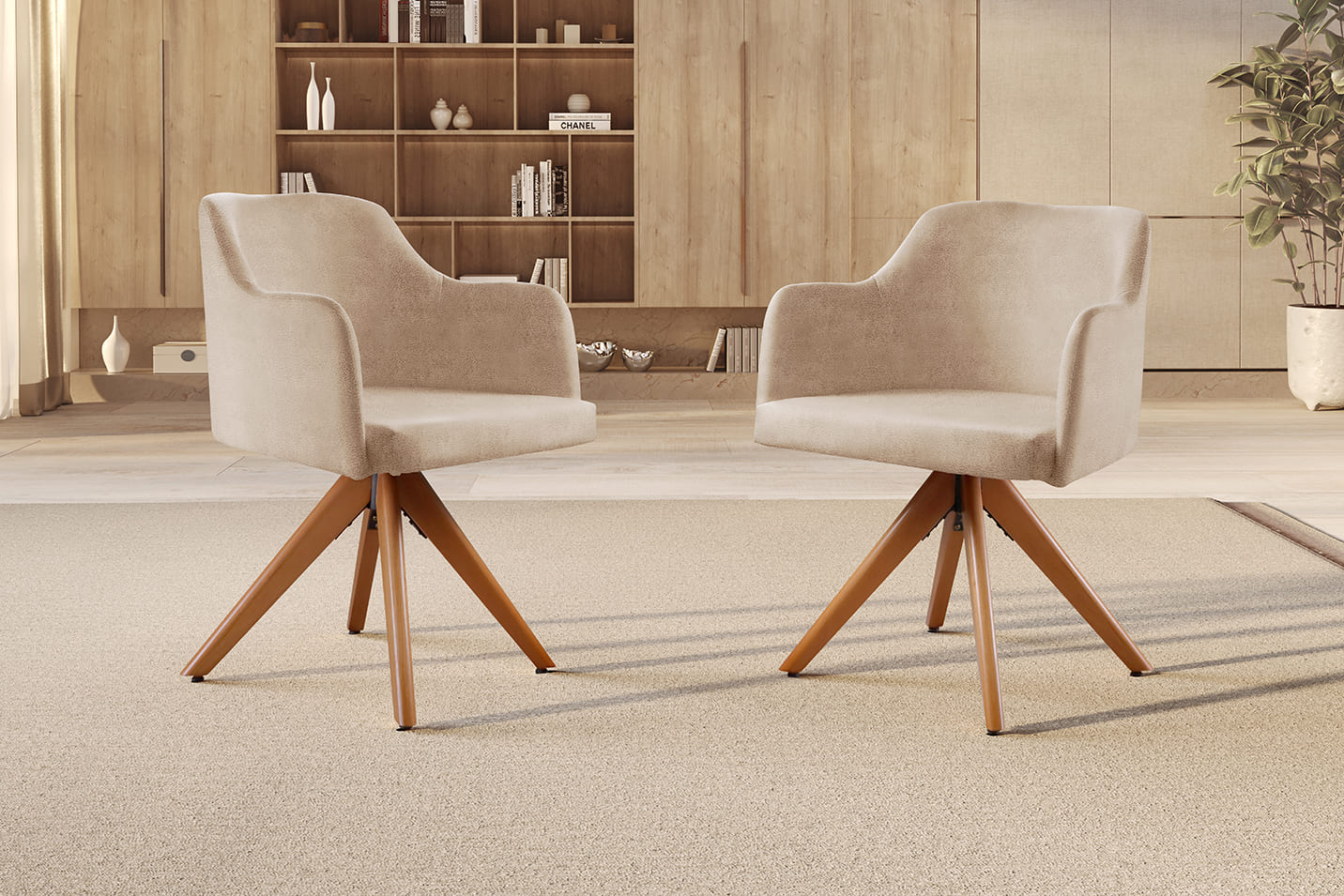Kit 02 Poltronas Eros Base Giratória De Madeira - Milano Bege